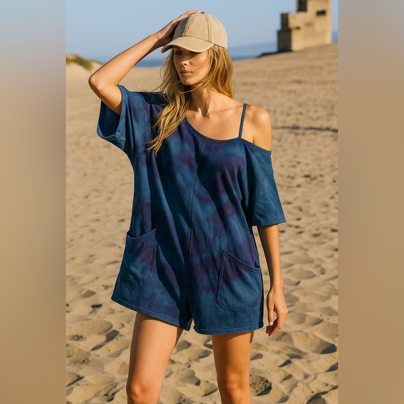 Free People Pants - 🆕  Free People Hot Shot Tee Romper in Custom Tie Dye Blue & Purple SZ Small